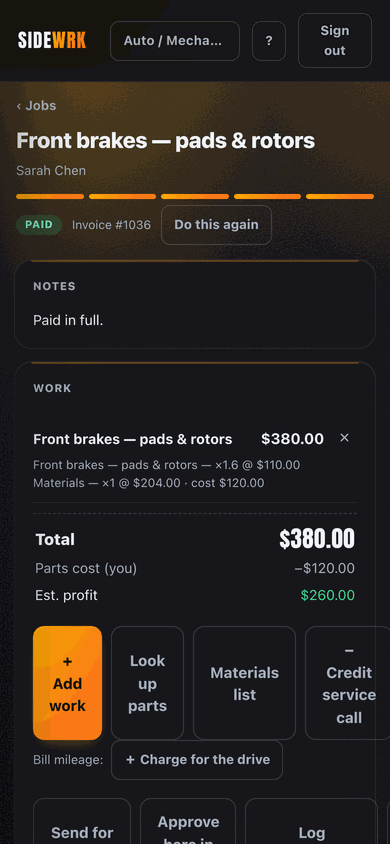 SideWRK job screen showing labor, parts, and real profit